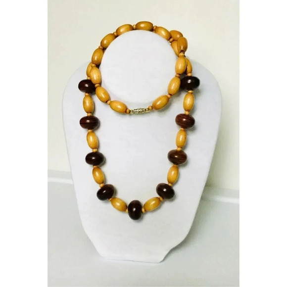 Vintage Womens Dark Brown Tan Wooden Beads Long Necklace Fashion Collection - Picture 3 of 6